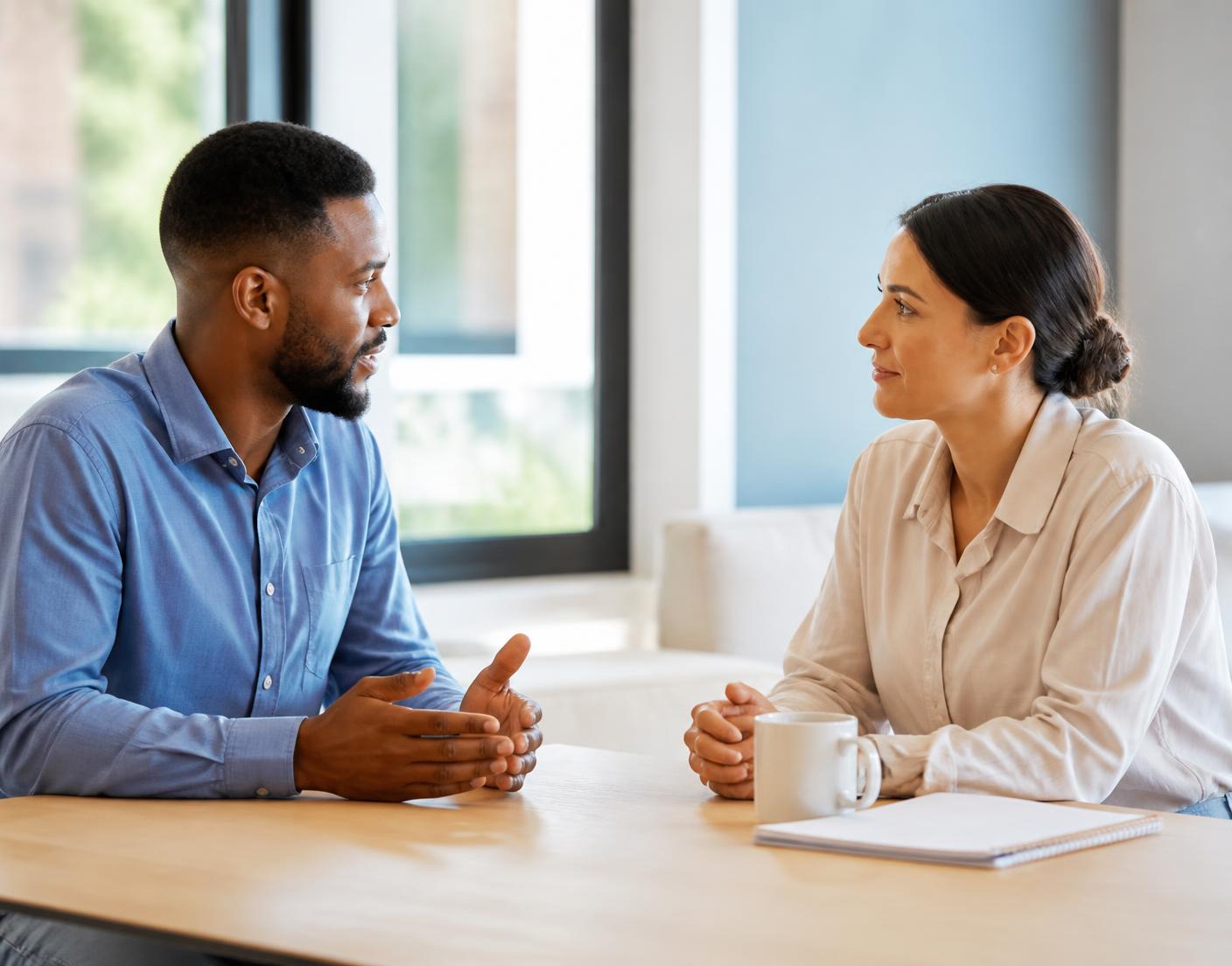 Duas pessoas conversando com atenção em uma mesa, construindo consenso